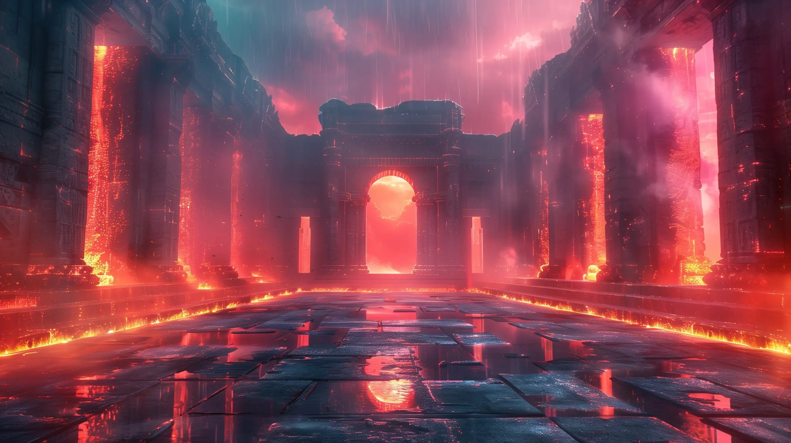 A futuristic background image depicting a broken down ancient cyber temple as rain pours down