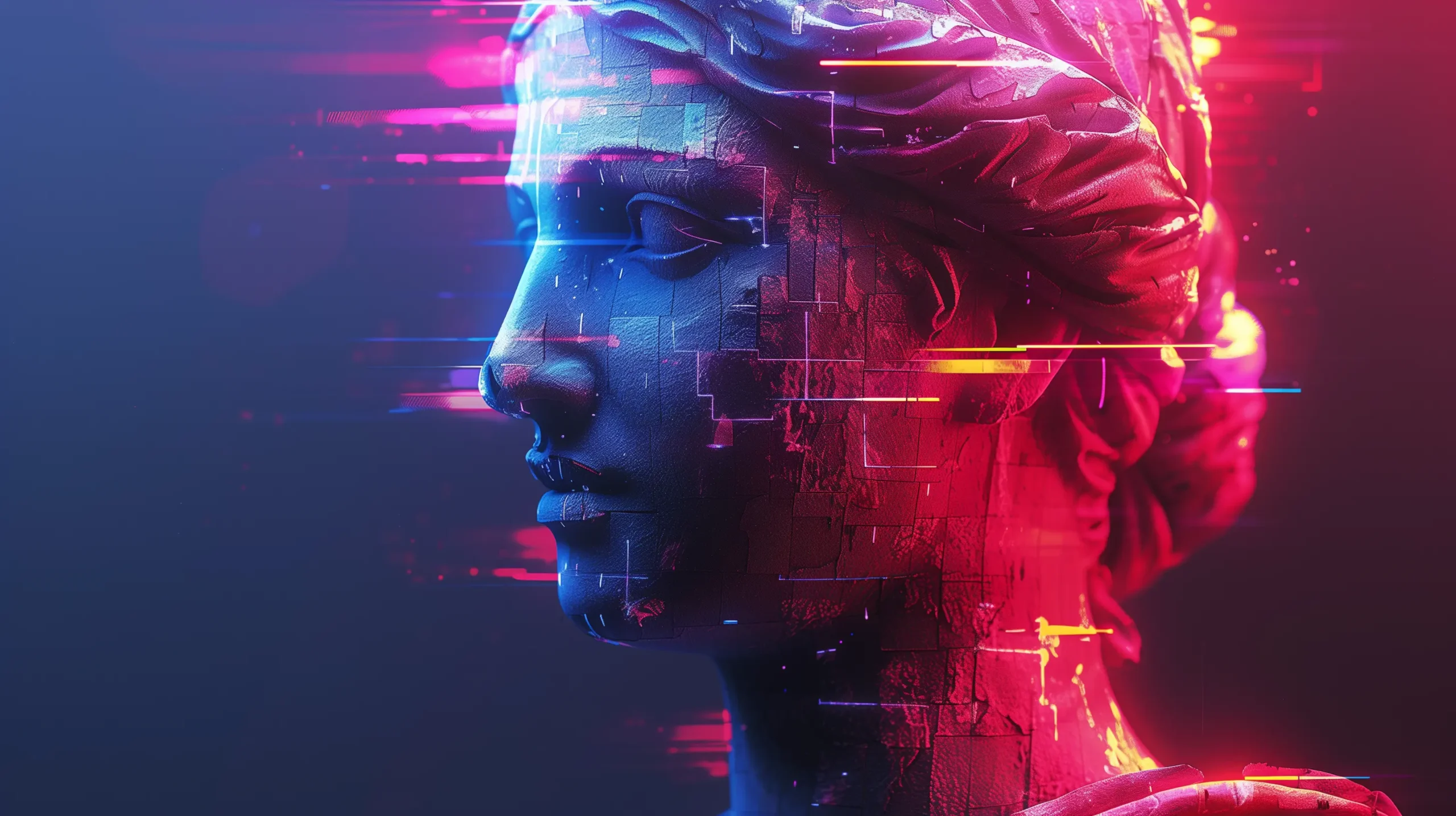 A futuristic depiction of a sculpture of a greek woman with clashing blue and red colors