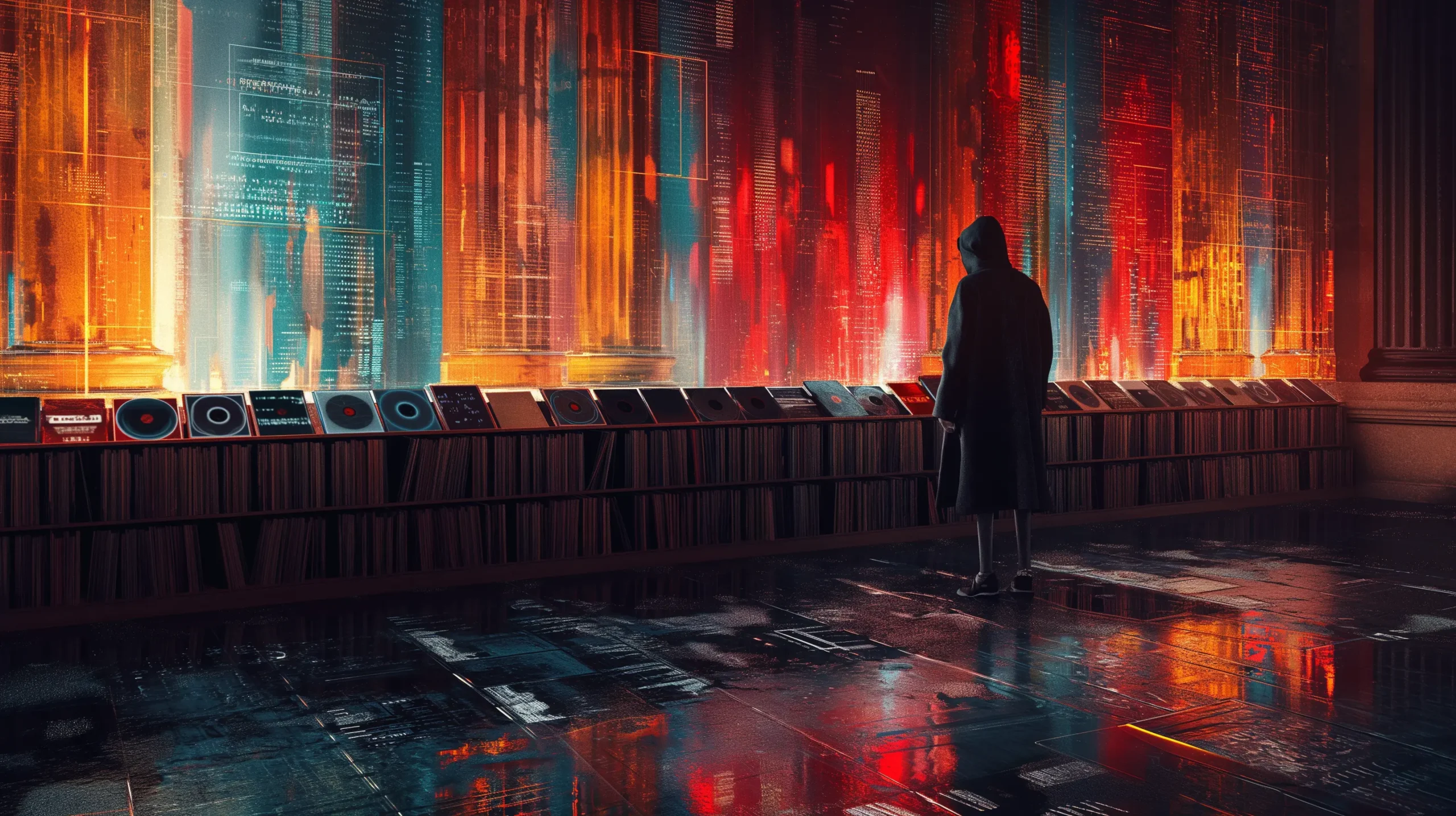A man in a hoodie looking at a long wall of records inside of a futuristic temple